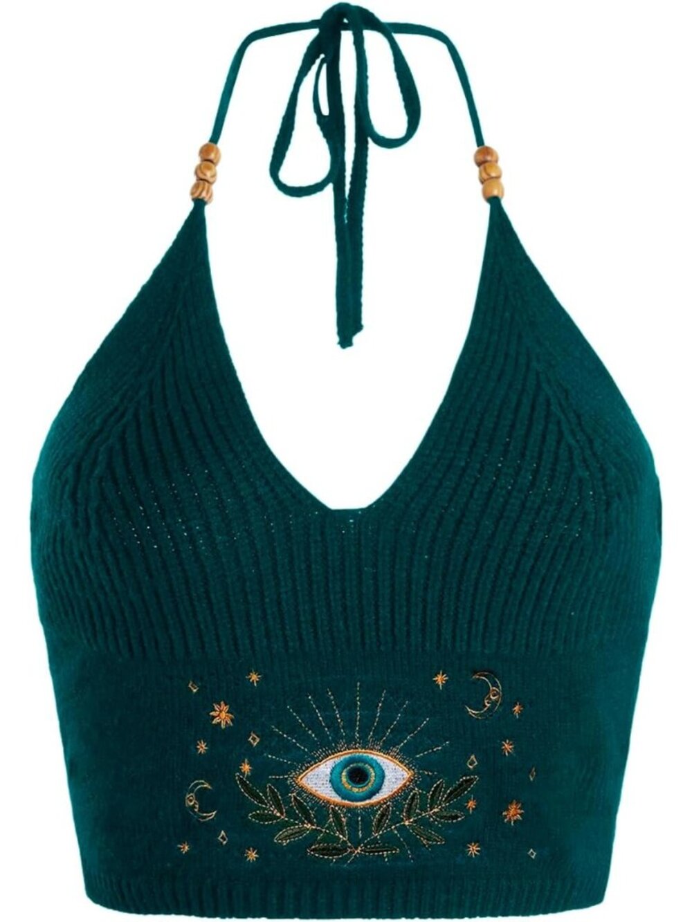 Women's Teal Blue Embroidery Crop Top Western V-Neck Ribbed Knit Cowgirl Shirts